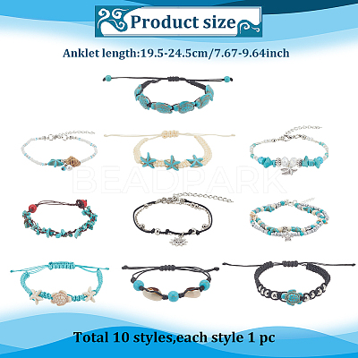 10Pcs 10 Style Synthetic Turquoise & Natural Shell & Seed Braided Bead Bracelet & Anklet AJEW-AN0007-10-1