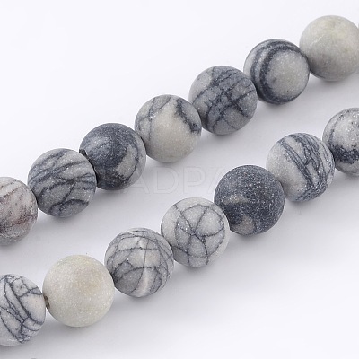 Round Frosted Natural Black Silk Stone/Netstone Bead Strands G-M248-8mm-03-1
