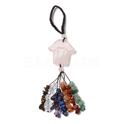 Hamsa Hand/Hand of Miriam Natural Rose Quartz Pendant Decorations HJEW-R127-02A-1