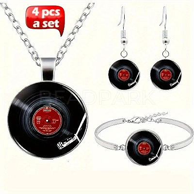 Alloy Glass Vinyl Record Link Bangles & Dangle Earrings & Pendant Necklaces Sets FS-WG14261-01-1