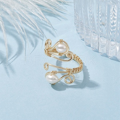 Copper Wire Wrapped Natural Cultured Freshwater Pearl Open Ring RJEW-JR00629-1