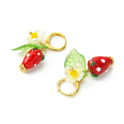 Lampwork Strawberry with Plastic Pearl Flower Dangle Leverback Earring EJEW-TA00130-1