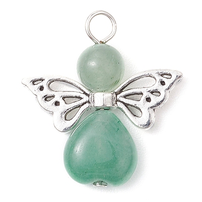 Natural Green Aventurine/Lapis Lazuli/Rose Quartz/Tiger Eye/Blue Spot Jasper/Synthetic Turquoise Heart Angel Pendants X-PALLOY-JF03186-01-1