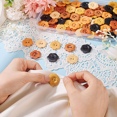 90Pcs 6 Colors 2-Hole Wood Flower Buttons BUTT-TA0001-40D-1