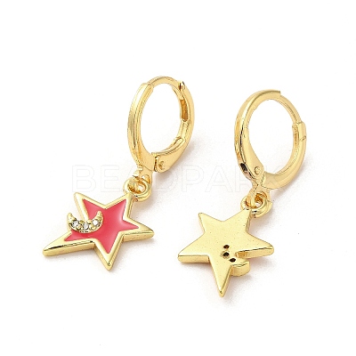 Star & Moon Real 18K Gold Plated Brass Dangle Leverback Earrings EJEW-L268-032G-02-1