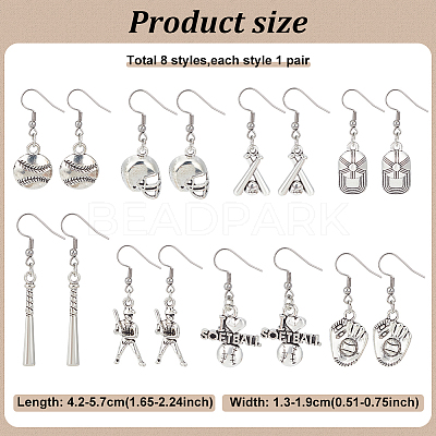 8 Pairs 8 Style Softball Sport Theme Alloy Dangle Earrings EJEW-AN0003-21-1
