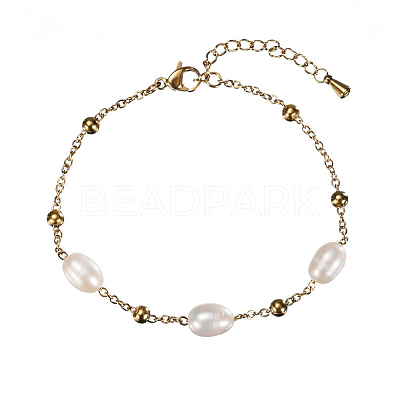 Real 18K Gold Plated Stainless Steel Freshwater Pearl Handmade Chain Bracelets FW1421-5-1