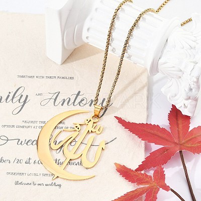 201 Stainless Steel Moon & Arabic Pendants Box Chain Necklaces for Women Men NJEW-R013-02G-1