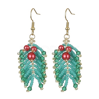 MIYUKI Rocailles & Glass Pearl Beaded Leaf Dangle Earrings EJEW-MZ00091-1