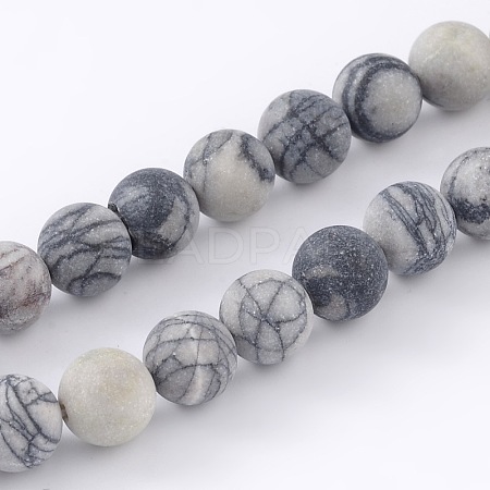 Round Frosted Natural Black Silk Stone/Netstone Bead Strands G-M248-8mm-03-1