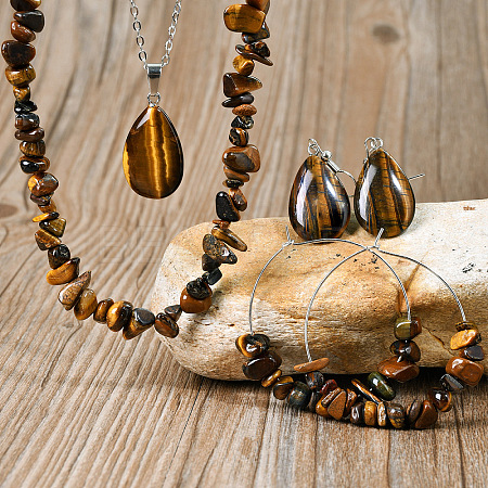 Bohemian Style Natural Tiger Eye Teardrop Pendant Necklaces & Chip Beaded Necklaces & Hoop Earrings & Dangle Earrings Sets WG11994-02-1
