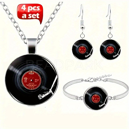 Alloy Glass Vinyl Record Link Bangles & Dangle Earrings & Pendant Necklaces Sets FS-WG14261-01-1