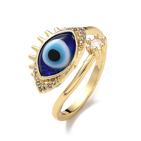 Lampwork Evil Eye Open Cuff Ring with Clear Cubic Zirconia RJEW-L104-05G-04-1