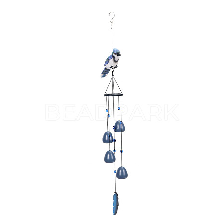 Resin Birds & Metal Bell & Wooden Feather Hanging Wind Chime Decor BIRD-PW0001-039C-1