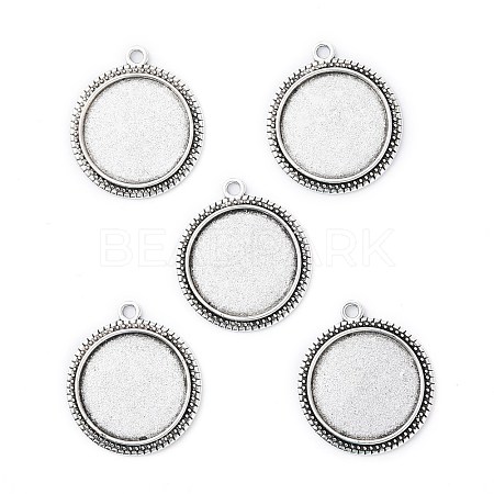 Tibetan Style Antique Silver Alloy Flat Round Pendant Cabochon Settings X-TIBEP-M022-34AS-1