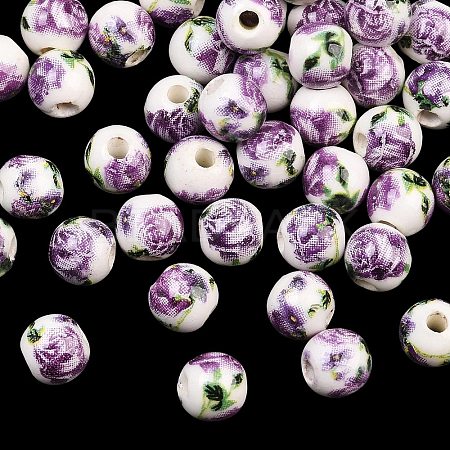 Floral Printed Porcelain Beads PORC-Q199-6mm-01-1