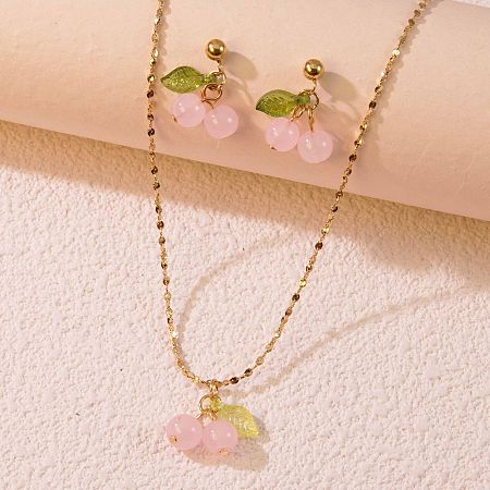 Cherry 304 Stainless Steel Glass Pendant Necklaces & Stud Dangle Earrings Sets WGB239D-02-1