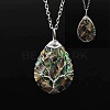 Double Sided Natural Paua Shell Copper Wire Wrapped Tree of Life Teardrop Pendant Necklaces FS-WG9357B-03-1