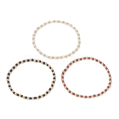 3Pcs Bohemian Style Glass Seed Beaded and Brass Beaded Stretch Bracelets for Women BJEW-JB11799-1