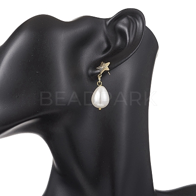 Brass Naturl Shell Pearl Star with Teardrop Dangle Stud Earrings EJEW-JE06742-1