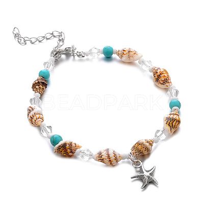 Bohemian Style Natural Shell & Synthetic Turquoise Beaded Anklets Alloy Starfish Charm Anklets for Summer Beach WG85091-01-1
