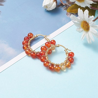 Round Natural Red Agate Wire Wrapped Big Hoop Earrings for Women EJEW-TA00048-01-1