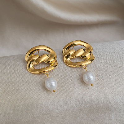 304 Stainless Steel Freshwater Pearl Dangle Stud Earrings for Women VW9874-1