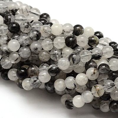 Natural Gemstone Black Rutilated Quartz Round Beads Strands G-E251-30-8mm-1