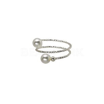 Alloy with Plastic Pearl Round Bead Adjustable Cuff Open Rings for Women FS-WGFAAAF-01-1