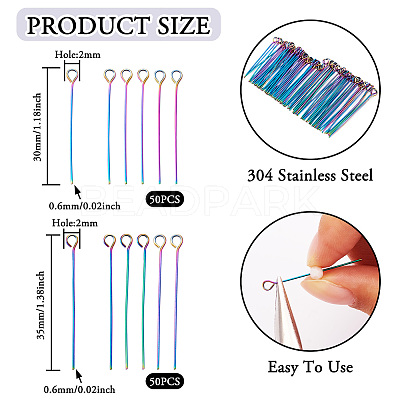 100Pcs 2 Style Rainbow Color 304 Stainless Steel Eye Pins STAS-PJ0001-17-1