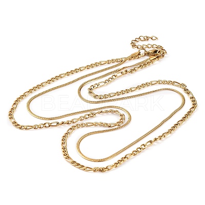 304 Stainless Steel Double Layer Figaro Chain & Herringbone Chain Necklaces for Women NJEW-G140-16C-G-1