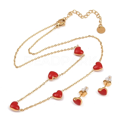 Heart 304 Stainless Steel Enamel Necklaces & Stud Earrings Sets for Women SJEW-K003-03G-1