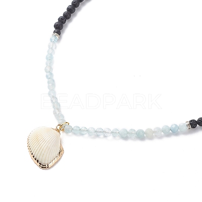Natural Aquamarine & Lava Rock Beaded Necklace with Brass Charm NJEW-JN03997-1