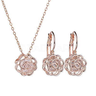 Hollow Rose Metal Cubic Zirconia Pendants Necklaces and Earrings Sets for Women FS-WG5C958-01-1