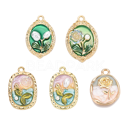 5Pcs 5 Styles Flower Rack Plating Alloy Enamel Pendants ENAM-FP0001-40-1