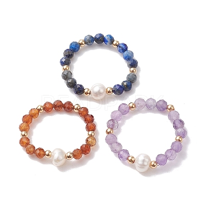 3Pcs Natural Lapis Lazuli/Garnet/Amethyst with Plastic Pearl with Glass Braided Beaded Finger Rings RJEW-JR00671-1