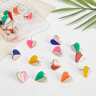 Resin & Wood Stud Earrings EJEW-FH0001-02-1