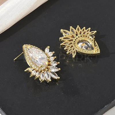 Brass & Clear Teardrop Cubic Zirconia Stud Earrings with Marquise Accents for Women KK-CBA36A2-12G-1