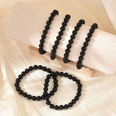 Natural Dyed & Heated Black Agate Round Beaded Stretch Bracelets BJEW-F203-09-1