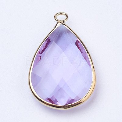 Golden Tone Brass Glass Teardrop Pendants X-GLAA-M006-A-14G-1