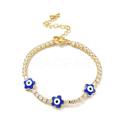 Flower with Evil Eye Enamel Link Bracelet with Clear Cubic Zirconia Tennis Chains BJEW-G650-03G-1