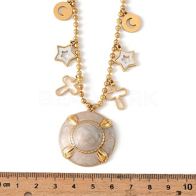 304 Stainless Steel Enamel Flat Round Cross Star Pendant Necklaces for Women NJEW-F380-02G-1