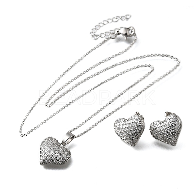 Heart Brass Micro Pave Cubic Zirconia Stud Earrings & Pendant Necklaces Sets SJEW-Z002-05P-1