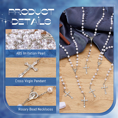 30Pcs Alloy & White Round ABS Imitation Pearl Jesus Cross Virgin Pendant Rosary Bead Necklaces NJEW-WA0001-03-1