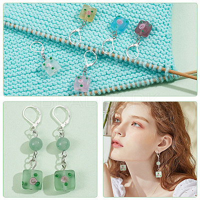 12Pcs 6 Colors Square Flower Handmade Frosted Lampwork Pendant Stitch Markers HJEW-NB00025-1