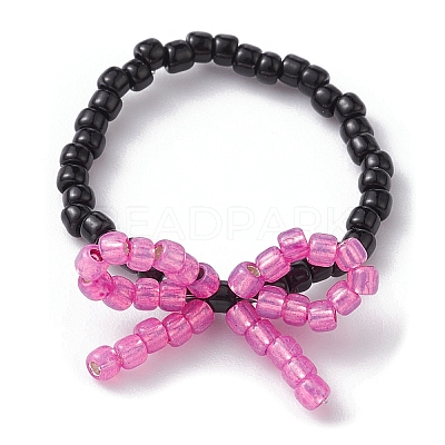 Glass Seed Beaded Bowknot Stretch Finger Rings RJEW-MZ00012-1