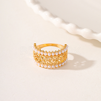 Hollow Brass with ABS Imitation Pearl Beads Wide Band Rings for Women OP9708-4-1