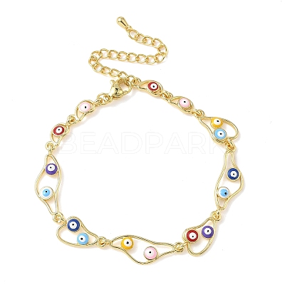 Brass Enamel Flat Round Evil Eye Link Chain Bracelets for Women BJEW-G764-01G-1