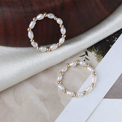 Natural Freshwater Pearl Rice Beaded Stretch Rings FS-WG04E98-01-1