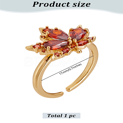1Pc Brown Glass Maple Leaf Open Cuff Ring with Cubic Zirconia RJEW-LP0001-14-1